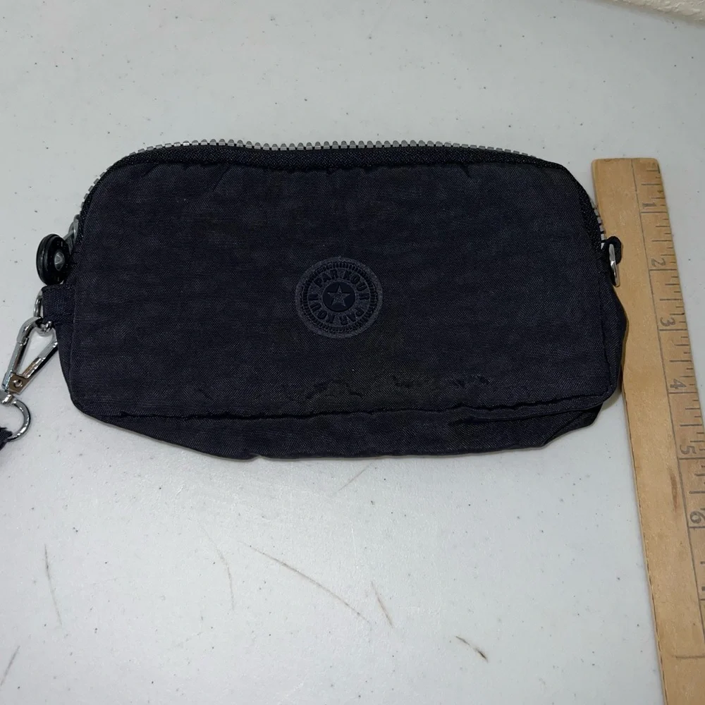 Par Kour black wristlet wallet. RFID technology, zipper with strap